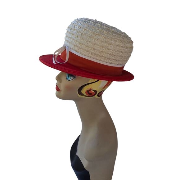 1960s VIVI by Elite Red & Cream Straw Mod Derby Hat | Bowler Boater - Picture 8 of 13